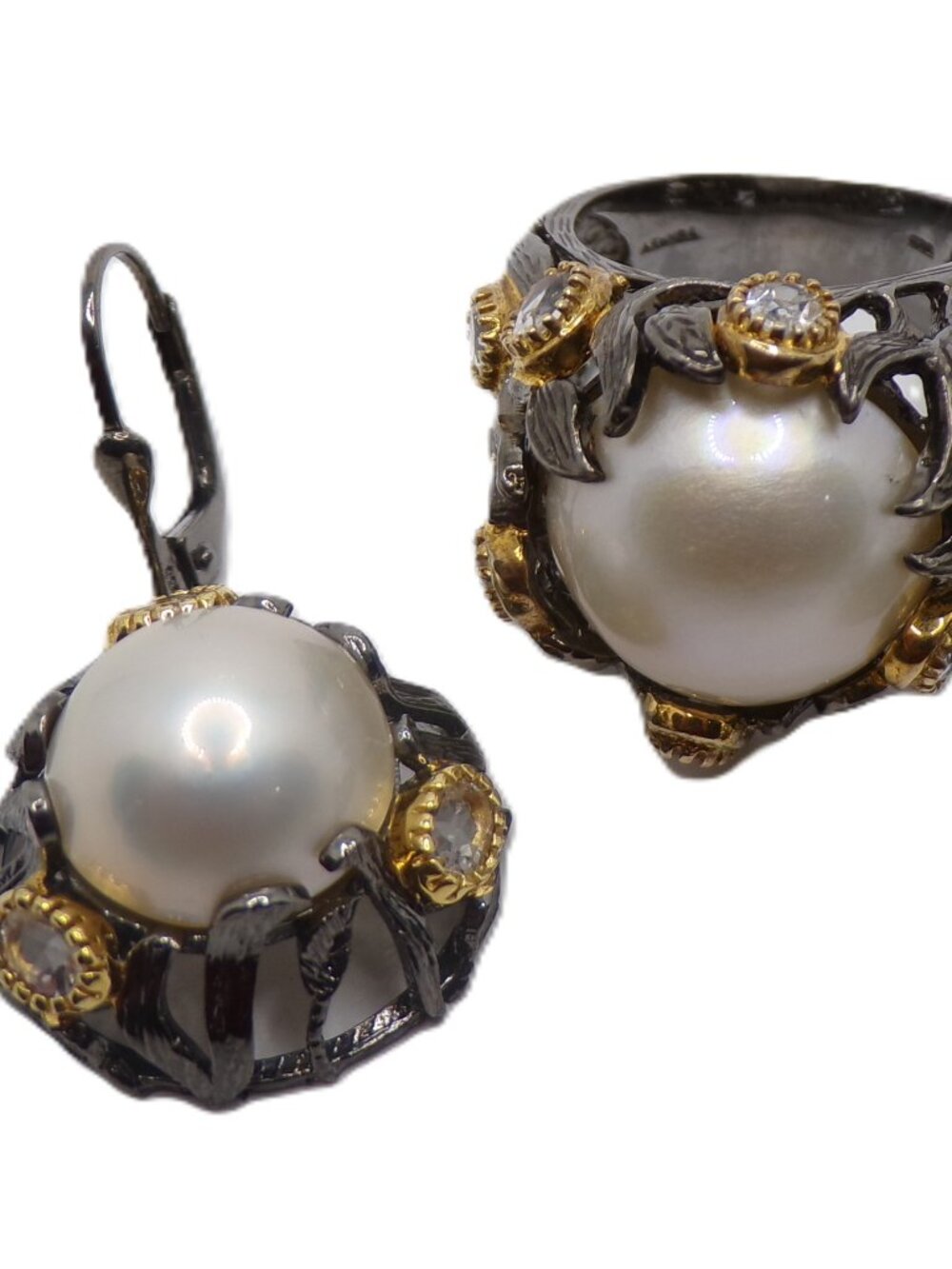 Black Rhodium Sterling Silver Pearl Jewelry Set – Handmade in Turkey Ring Size 8